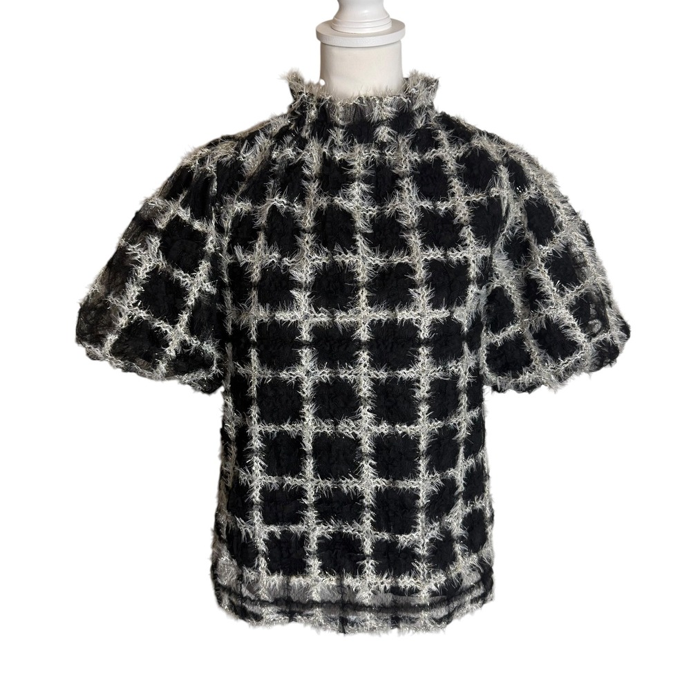 THML Womens Black Silver Textured Puff Sleeve Mock Neck Grid Top Small Fuzzy New